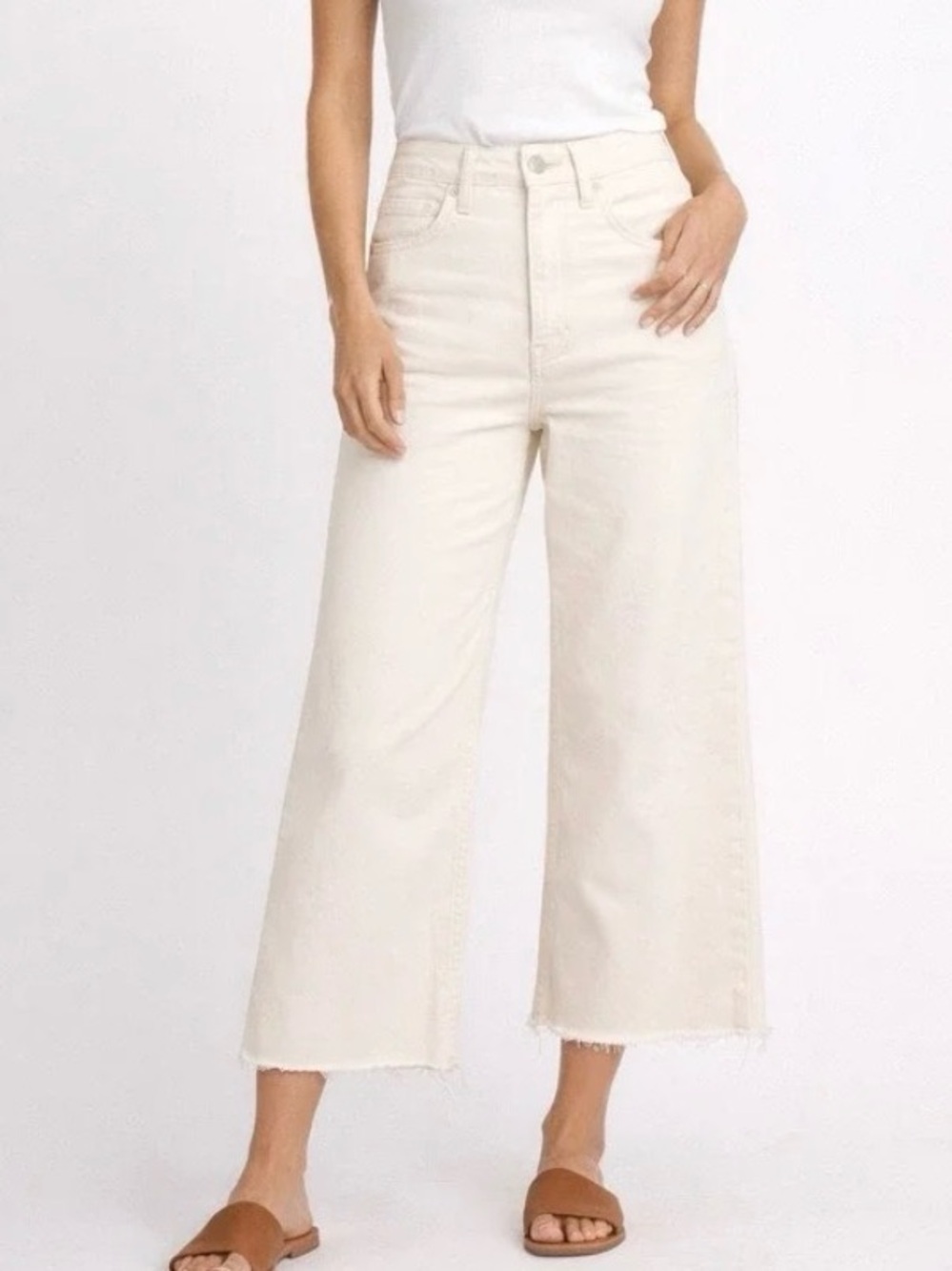 Something Navy 8 Cropped Frayed Hem High Waist Wide Leg Ankle Jeans Designer Eco